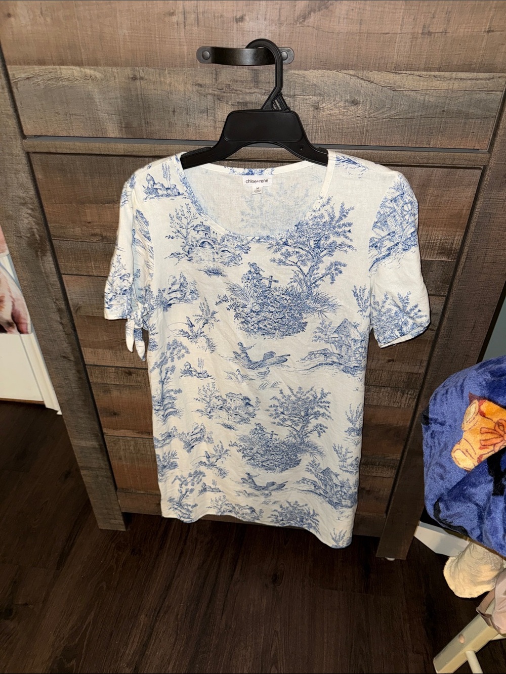 Cream and Blue Toile Short Sleeve Scoop dress
